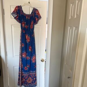 Flying Tomato Royal Blue Maxi Dress with Red Floral Print